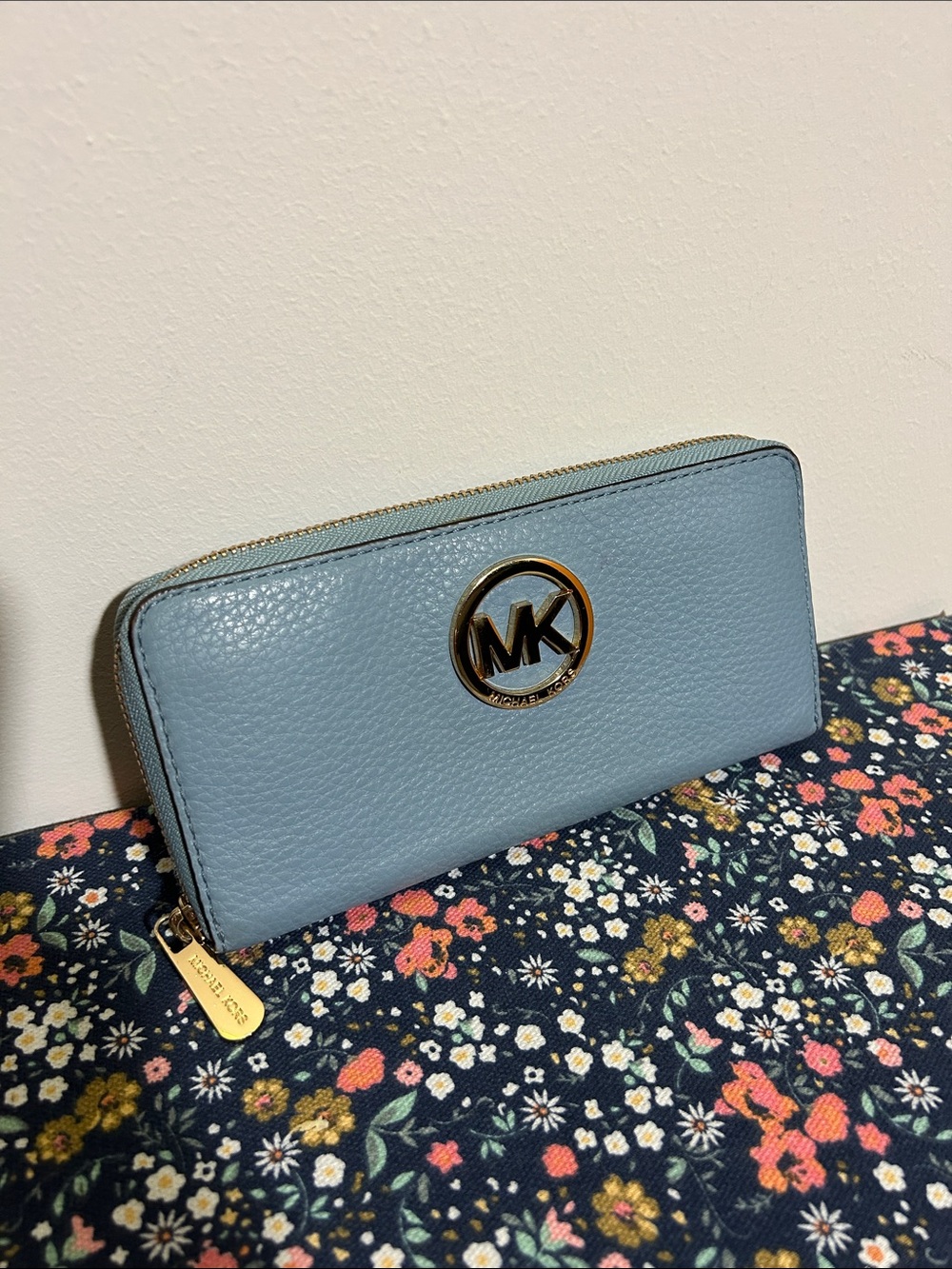 Michael Kors Light Blue Pebbled Leather Zip Wallet with Gold Logo
